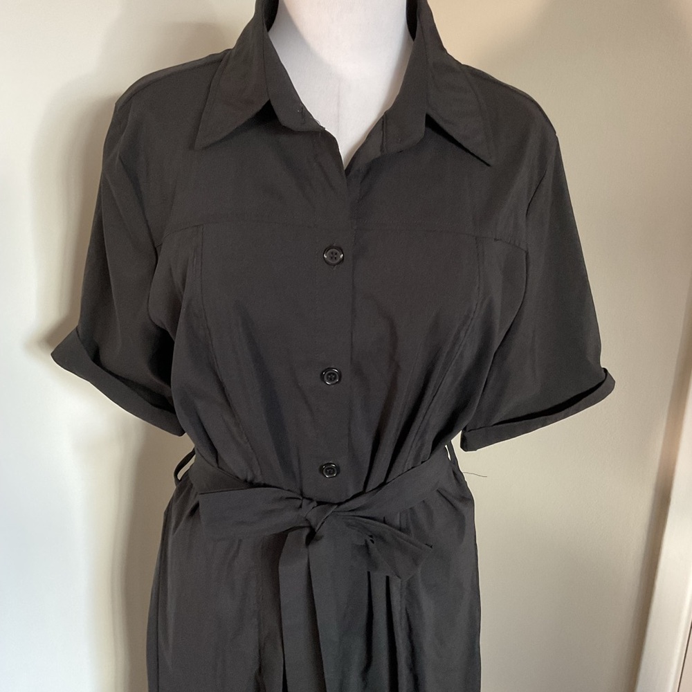 Blue Leopard Black Shirt Dress 2X Plus Size Midi Button Front Short Sleeve - Picture 2 of 6